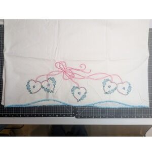 Vintage Embroidered Heart Pillowcase Twin White Blue Pink Trim Handmade READ